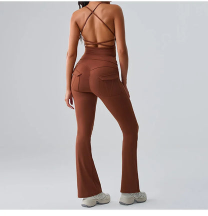 Women's brown activewear set with long high-waist leggings and matching sports bra, ideal for yoga, gym, and comfortable workouts