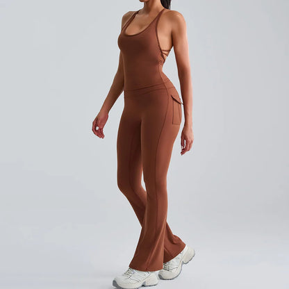 Women's brown workout set with matching sports bra and high-waist leggings, designed for yoga, gym, and training comfort