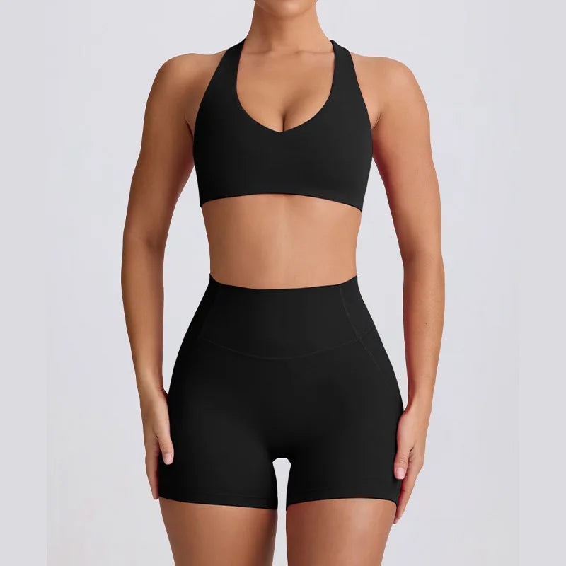 Strappy Bra & Seamless Shorts Yoga Set