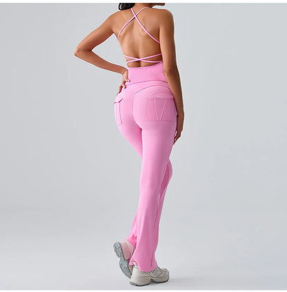 Women's pink workout set with matching sports bra and high-waist leggings, perfect for yoga, gym, and training comfort