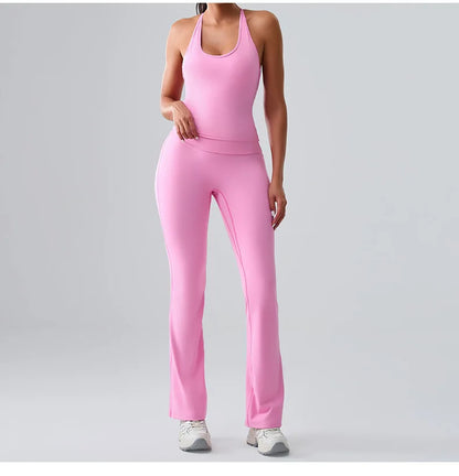 Women's bright pink activewear set featuring long leggings and a coordinating sports bra, ideal for yoga, gym workouts, and all-day comfort