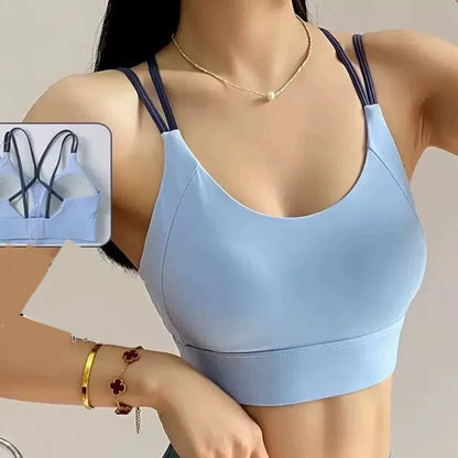 Light blue sports bra with straps, for workout and gym