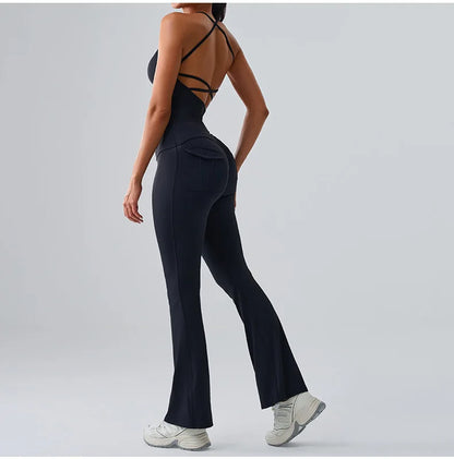 Women's blue activewear set with long high-waist leggings and matching sports bra, ideal for yoga, gym, and comfortable workouts