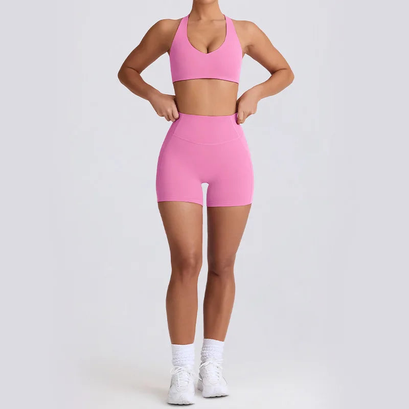 Strappy Bra & Seamless Shorts Yoga Set