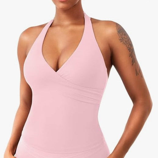 V-Neck Halter Yoga Top with Built-In Bra