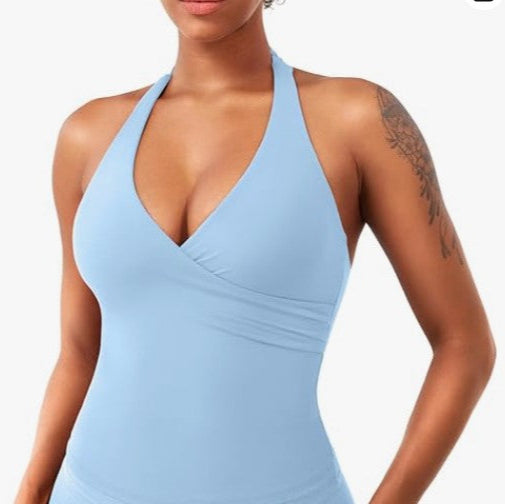 V-Neck Halter Yoga Top with Built-In Bra