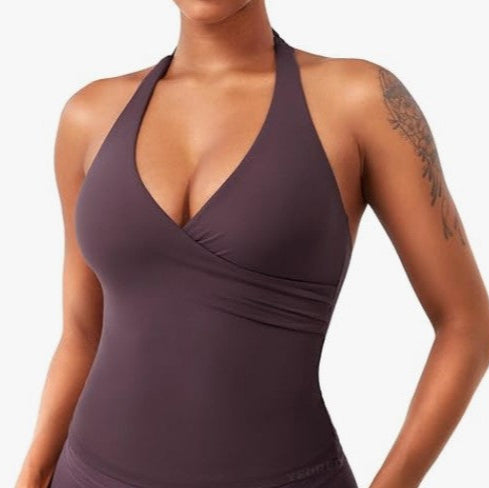 V-Neck Halter Yoga Top with Built-In Bra