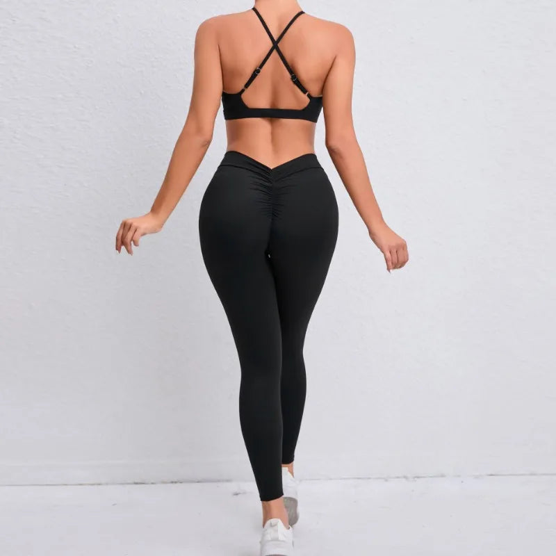 Seamless Yoga Set – Hip-Lifting Leggings & Cross Back Bra